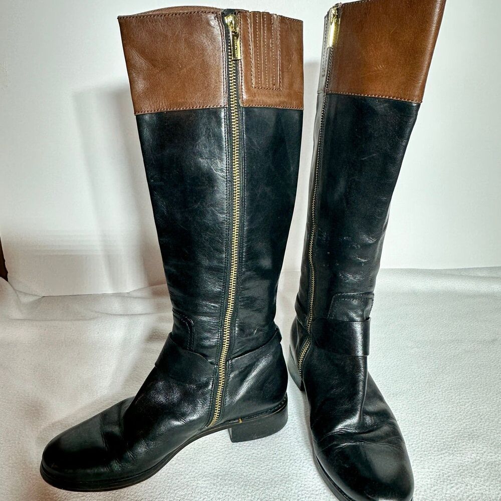 Michael Kors Fulton Harness Boot Black/Mocha Brown Leather Boot sz 7.5 - Picture 8 of 12